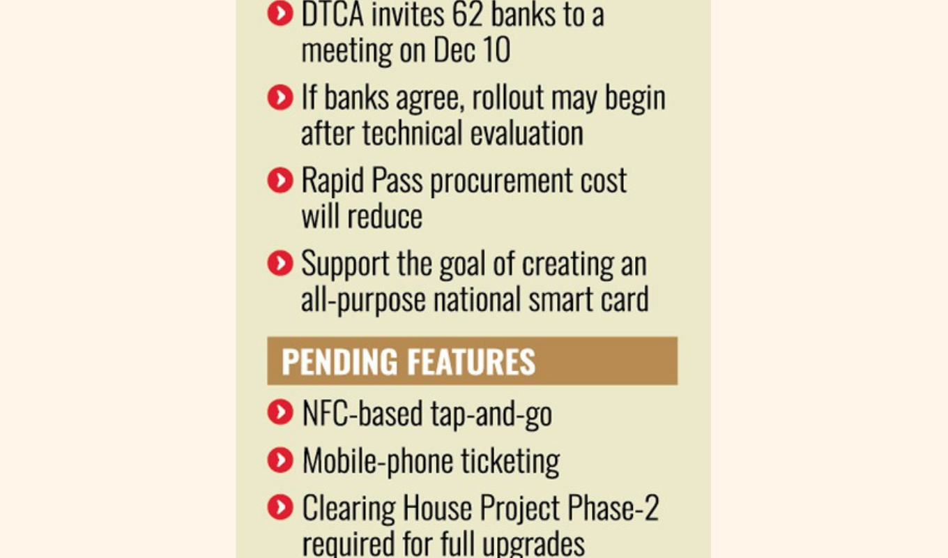 DTCA plans to integrate debit and credit cards with the Rapid Pass system Banking Gurukul, GOLN DTCA invites 62 banks to discuss integrating bank cards with metro rail access